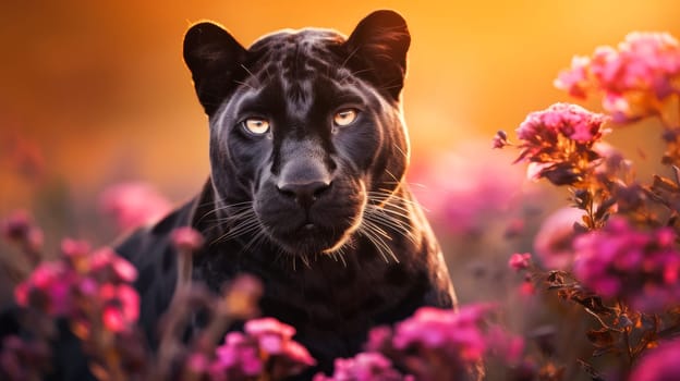 Cute, beautiful panther in a field with flowers in nature, in sunny pink rays. Environmental protection, nature pollution problem, wild animals. Advertisingtravel agency, pet store, veterinary clinic, phone screensaver, beautiful pictures, puzzles