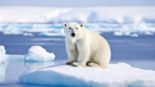 Cute, beautiful polar bear on an ice floe in Antarctica. Environmental protection, nature pollution problem, wild animals. Advertising for a travel agency, pet store, veterinary clinic, phone screensaver, beautiful pictures, puzzles