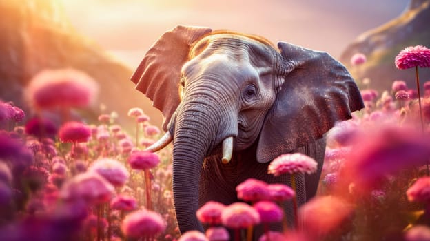 Cute, beautiful elephant in a field with flowers in nature, in sunny pink rays. Environmental protection, nature pollution problem, wild animals. Advertising travel agency, pet store, veterinary clinic, phone screensaver, beautiful pictures, puzzles