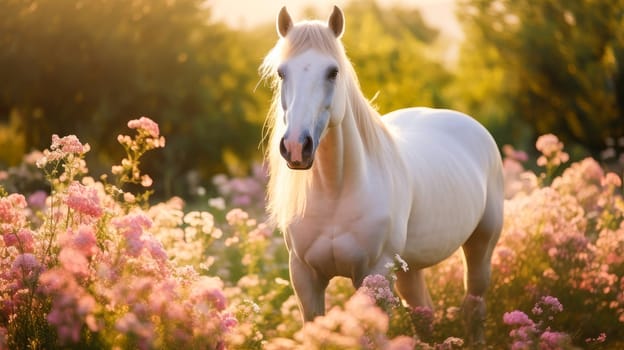 Cute, beautiful white horse in a field with flowers nature, in sunny pink rays. Environmental protection, nature pollution problem, wild animals. Advertising travel agency, pet store, veterinary clinic, phone screensaver, beautiful pictures, puzzles