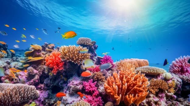 Transparent water ocean or sea, corals and fish underwater, seascape. Environmental protection, the problem of ocean and nature pollution. Advertising for a travel agency, pet store, veterinary clinic, phone screensaver, beautiful pictures, puzzles