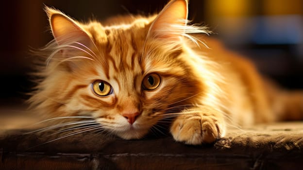 Happy, contented and cute red, golden and fluffy cat. Advertising holidays for animals, travel agency, pet store, modern training and courses, animators, holiday goods, veterinary medicine, veterinary pharmacy.