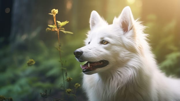 Big and cute white and fluffy dog. Advertising holidays for animals, travel agency, pet store, modern training and courses, animators, holiday goods, veterinary medicine, veterinary pharmacy.