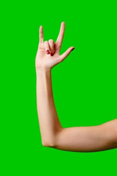 Womans Arm Hand Sign Raised in the Air on green background