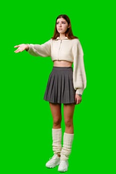 A woman dressed in a skirt and sweater is pointing at an unseen object or direction, gestures with intent and focus on something specific.