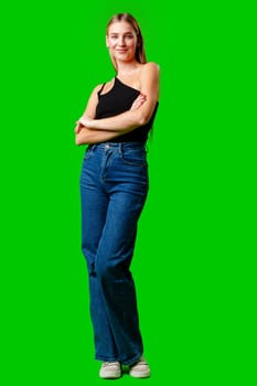 Blonde Woman in Black Tank Top Posing for Picture in studio