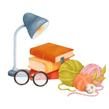 A watercolor illustration a cozy composition of domestic elements. a table lamp with glasses, a stack of books, skeins of yarn and a cotton flower. for home decor cozy prints, lifestyle blogs.