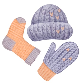 A collection of knitted winter wear. Includes a cozy winter hat, snug knitted sock, and soft mitten. Rendered in shades of purple and orange. Knitting set. Watercolor isolated elements.