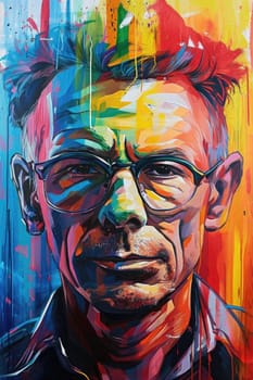 The comic colourful picture of the short hair male adult human head and has been wearing sunglasses with straight face yet picture fill with various colour that make picture fill with emotion. AIGX01.