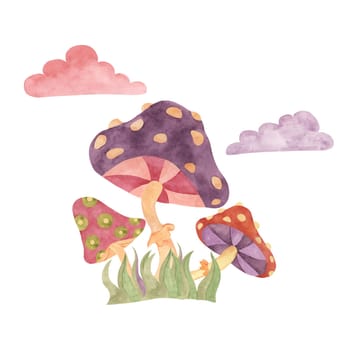 Retro hippie clouds and fly agaric mushrooms 70s style. Hippie psychedelic groovy fungus clipart. Watercolor indie illustration for flower power sticker, nostalgic design, printing, quote, t-shirt