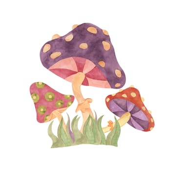 Retro hippie mushrooms and fly agaric in 1970s style. Hippie psychedelic groovy fungus clipart. Watercolor indie illustration for flower power sticker, nostalgic design, printing, quote, t-shirt