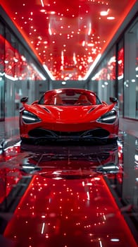 A red sports car is parked in a hallway with a matching red ceiling. The vehicles sleek design, hood, and vibrant automotive lighting create a striking visual in the automotive exterior