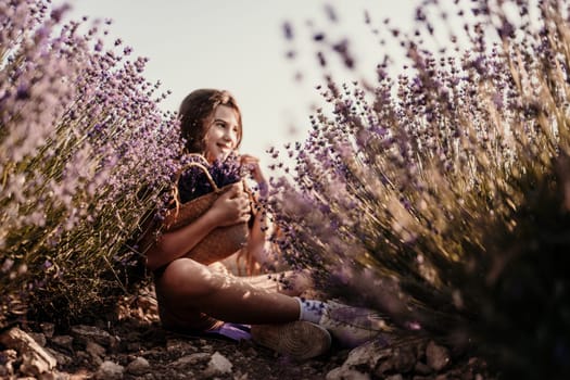 Girl is sitting in a field of purple flowers. She is holding a basket of flowers and smiling. Scene is peaceful and serene, as the girl is surrounded by the beauty of nature