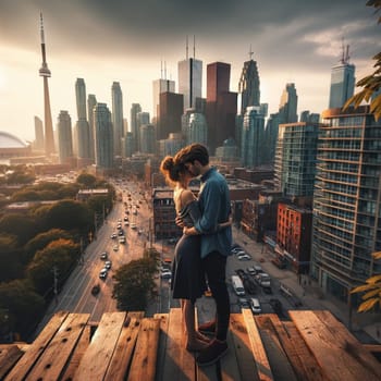 A man and woman sharing an intimate moment on a wooden platform in Toronto, capturing the essence of the city during an engagement photoshoot.