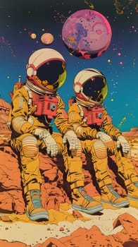 An art painting featuring two astronauts sitting on a rock, showcasing a fun and fictional event. This visual arts recreation is an entertaining piece of work