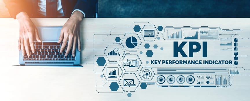 KPI Key Performance Indicator for Business Concept - Modern graphic interface showing symbols of job target evaluation and analytical numbers for marketing KPI management. uds