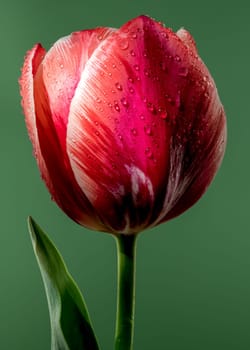 Beautiful red tulip flower on a green background. Flower head close-up.