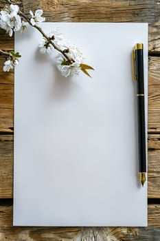 White sheet of paper with pen and flower on wooden table. Generative AI.
