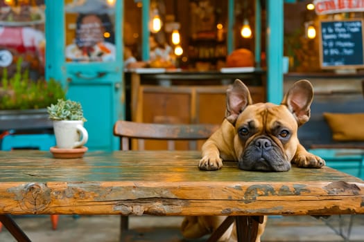 Dog sitting at table in restaurant. Generative AI.