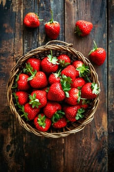 Basket of strawberries on wooden table. Generative AI.