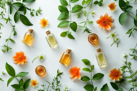 Essential oils and flowers on white background. Generative AI.