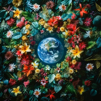 Globe surrounded by flowers and leaves. Generative AI.