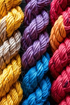 Close up of colorful yarns. Generative AI.