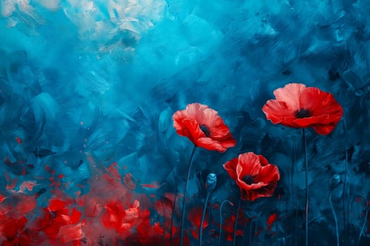 Painting of red poppies in the blue sky. Generative AI.