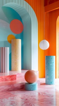 The room is filled with colorful objects scattered on the floor and walls. Vibrant hues of orange, red, and aqua paint on wood and rectangular shapes create a lively and dynamic atmosphere