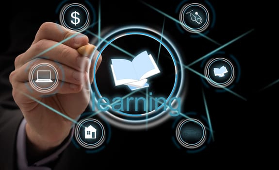 Abstract art of Hand of Business man Holding the virtual hologram future system. Innovation Business Financial and Technology concept. High quality photo