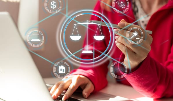 Justice and law concept. Lawyer businessman holding law innovation network icons. blurred background. High quality photo