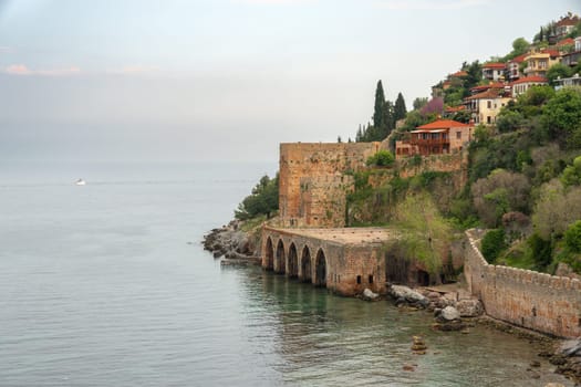 Historical Alanya Shipyard and Kizil Kule walls located in Alanya district of Antalya