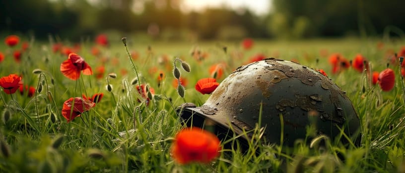 An old military helmet lies nestled in a field of swaying red poppies, a powerful image representing the price of freedom and the enduring memory of those who served