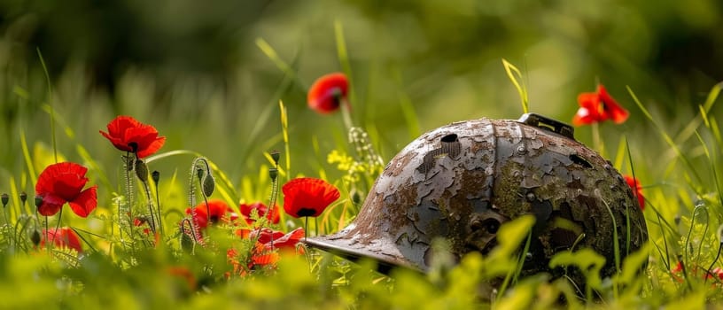 A battered military helmet rests amidst a sea of vibrant red poppies, a poignant juxtaposition of the harsh realities of war and the resilience of nature's beauty