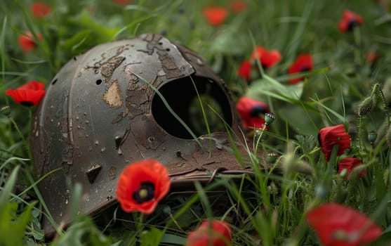 A weathered helmet sits forgotten among blooming poppies, a symbol of past conflicts amidst life's resilience