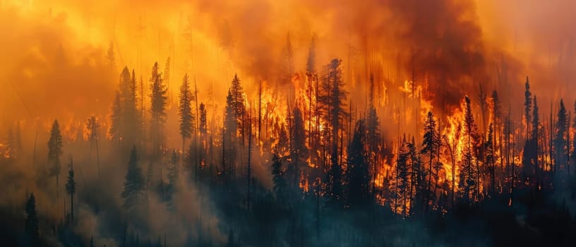 An out-of-control forest fire rages across the landscape, with towering flames and thick smoke consuming the trees in a terrifying display of nature's destructive might