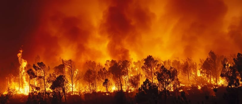 A massive, out-of-control forest fire burns through the landscape, with towering flames and billowing smoke creating an apocalyptic scene of nature's destructive power