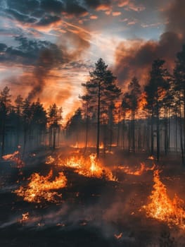 Flames devour a forest under a stunning sunset, with dramatic clouds enhancing the powerful and destructive beauty of nature's fire