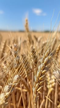 Closeup of golden ears of wheat in a sunlit field, with a clear blue sky and fluffy white clouds in the background, capturing the essence of a bountiful harvest