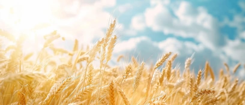 A captivating scene of a wheat field basking in the warm, golden light of the sun, the individual stalks glistening with a radiant, almost ethereal quality