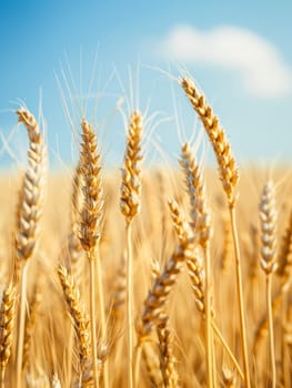 Close-up of golden wheat ears standing tall in a field under the clear blue sky, symbolizing harvest time