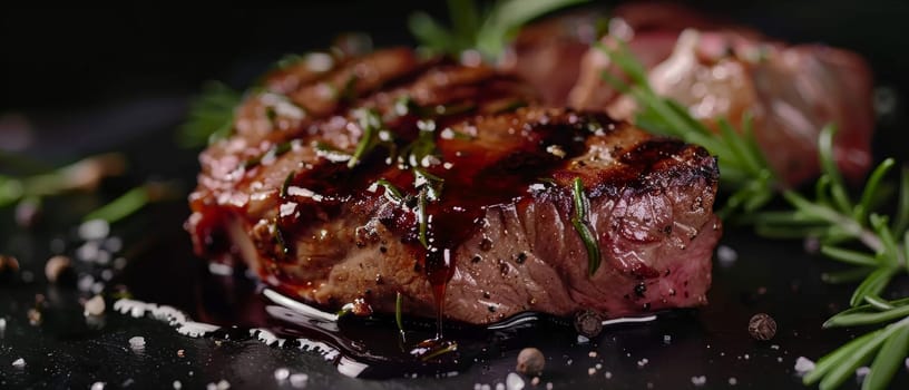 A succulent slice of marinated beef with a glistening, balsamic-glazed exterior and a vibrant red interior, surrounded by aromatic rosemary and other fresh herbs