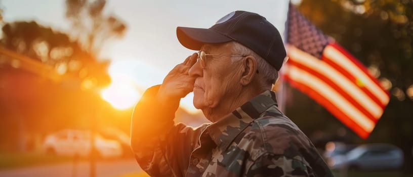 A senior veteran in a cap renders a salute in a serene moment, captured against the golden hour light