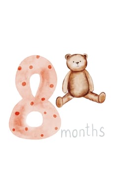 Baby months card with number 8.Cute metric hand drawing with birth month and teddy bear. Clip art isolated on white background. For newborns up to one year in Scandinavian style. Children's Monthly Milestone Card