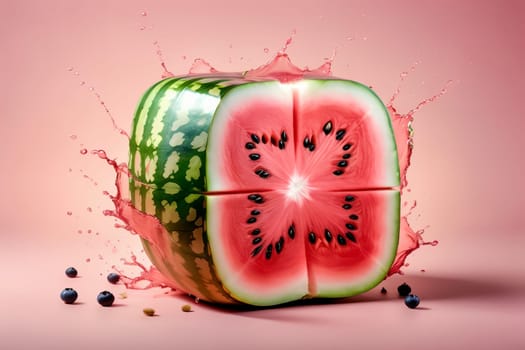 juicy ripe watermelon, splash of juice, isolated on pink background .
