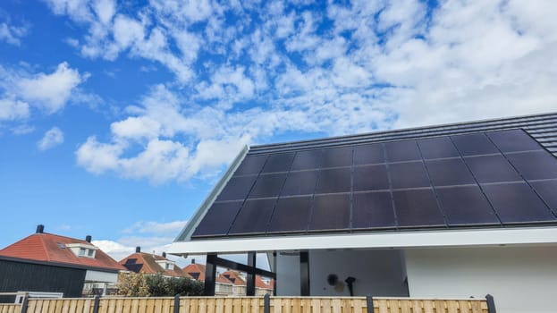 A modern house with a sleek solar panel on its roof, harnessing renewable energy to power the home and reduce carbon footprint in the Netherlands