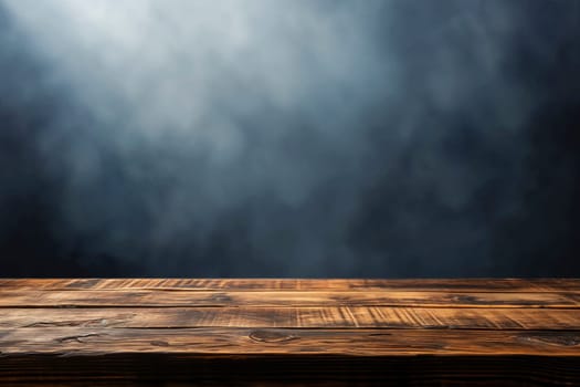 Empty wooden table for present product on misty dark background.