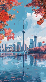 A mesmerizing painting featuring a city skyline surrounded by a tranquil lake, reflecting the skyscrapers and fluffy clouds in the sky, blending architecture with natural landscape