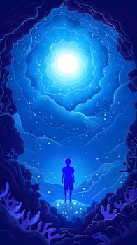 A man stands in an ocean cave gazing at the electric blue sky and the moon, creating an atmosphere filled with wonder and art in the darkness of the underwater world
