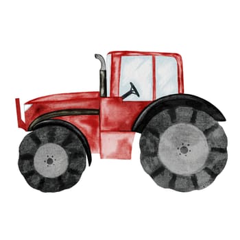 Tractor watercolor hand drawing. Clip art of a red toy car isolated on a white background. Illustration of an agricultural machine. For posters and cards, educational cards and game packaging. High quality photo